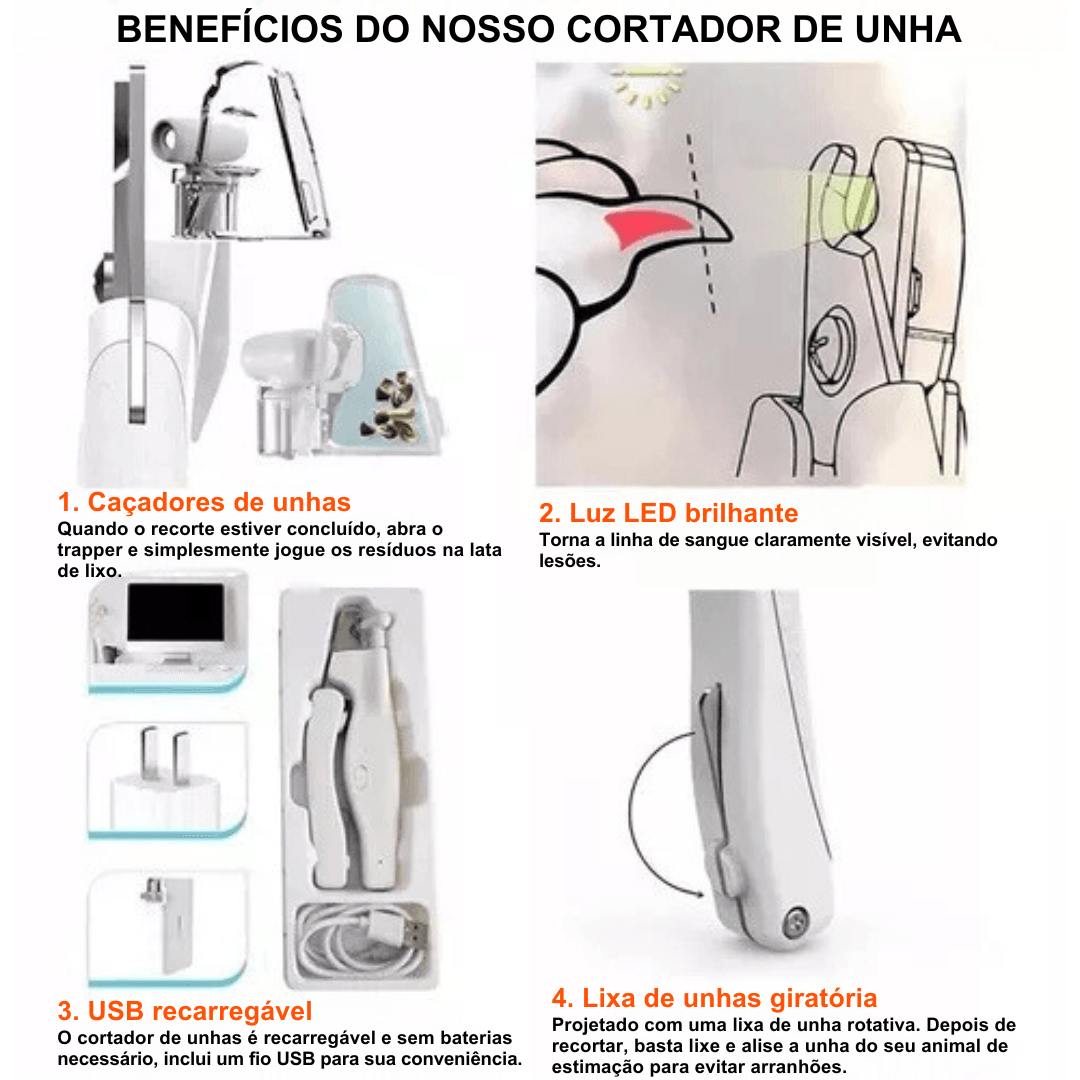 Cortador de Unhas Eletrico 2 em 1 com Luz LED para PETS - O Chico Tem