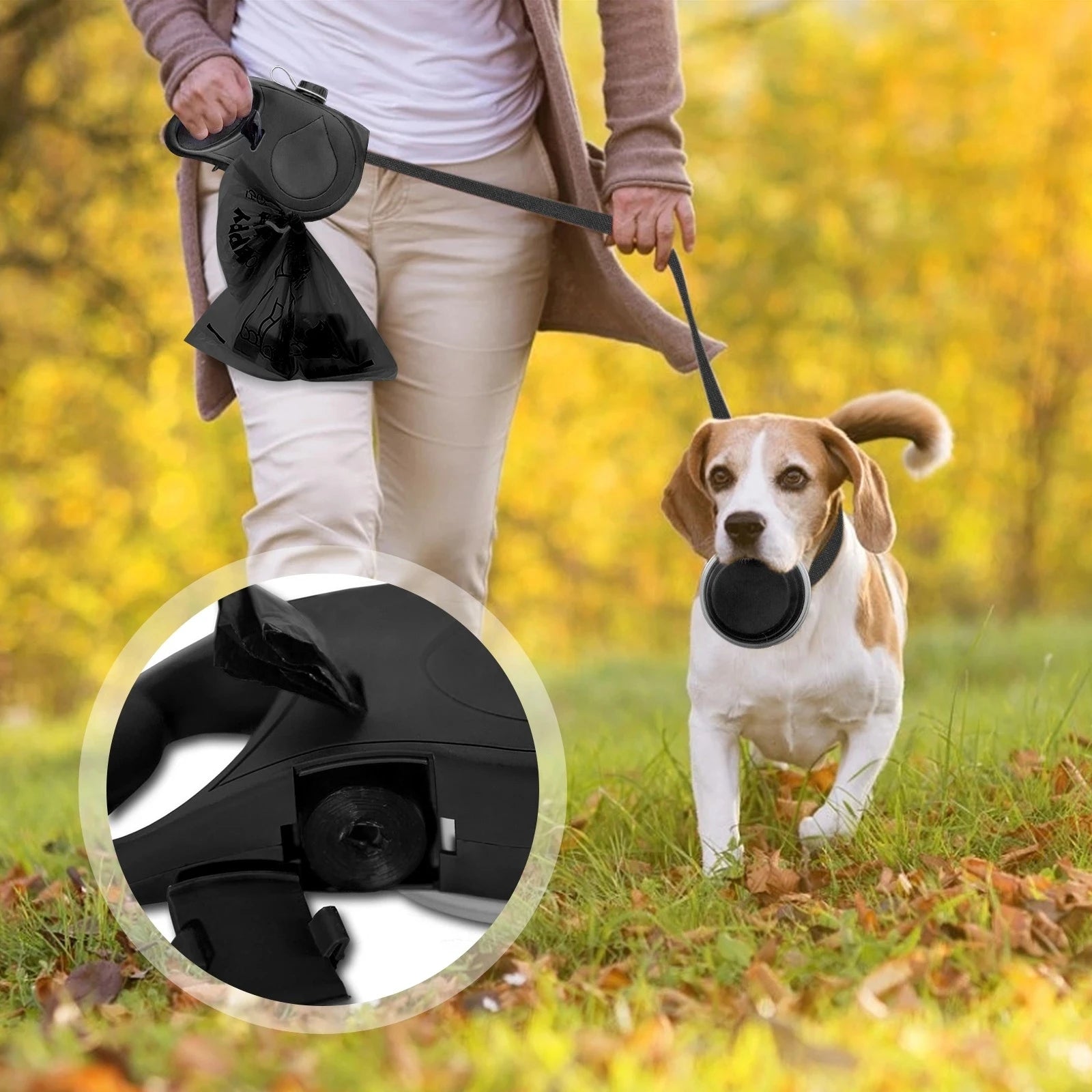 Coleira multifuncional para cães de estimação, com garrafa de água embutida, dispensador de saco de resíduos para caminhada ao ar livre, corda de tração, acessórios para animais de estimação