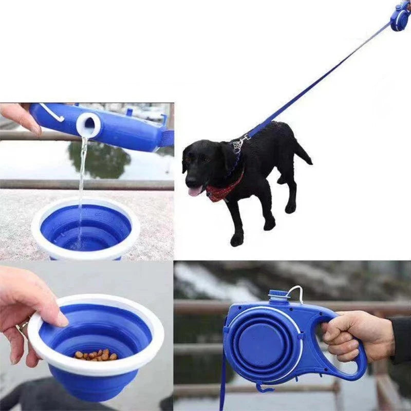 Coleira multifuncional para cães de estimação, com garrafa de água embutida, dispensador de saco de resíduos para caminhada ao ar livre, corda de tração, acessórios para animais de estimação