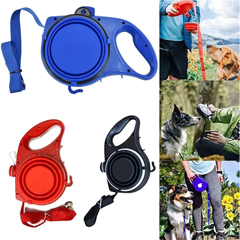 Coleira multifuncional para cães de estimação, com garrafa de água embutida, dispensador de saco de resíduos para caminhada ao ar livre, corda de tração, acessórios para animais de estimação