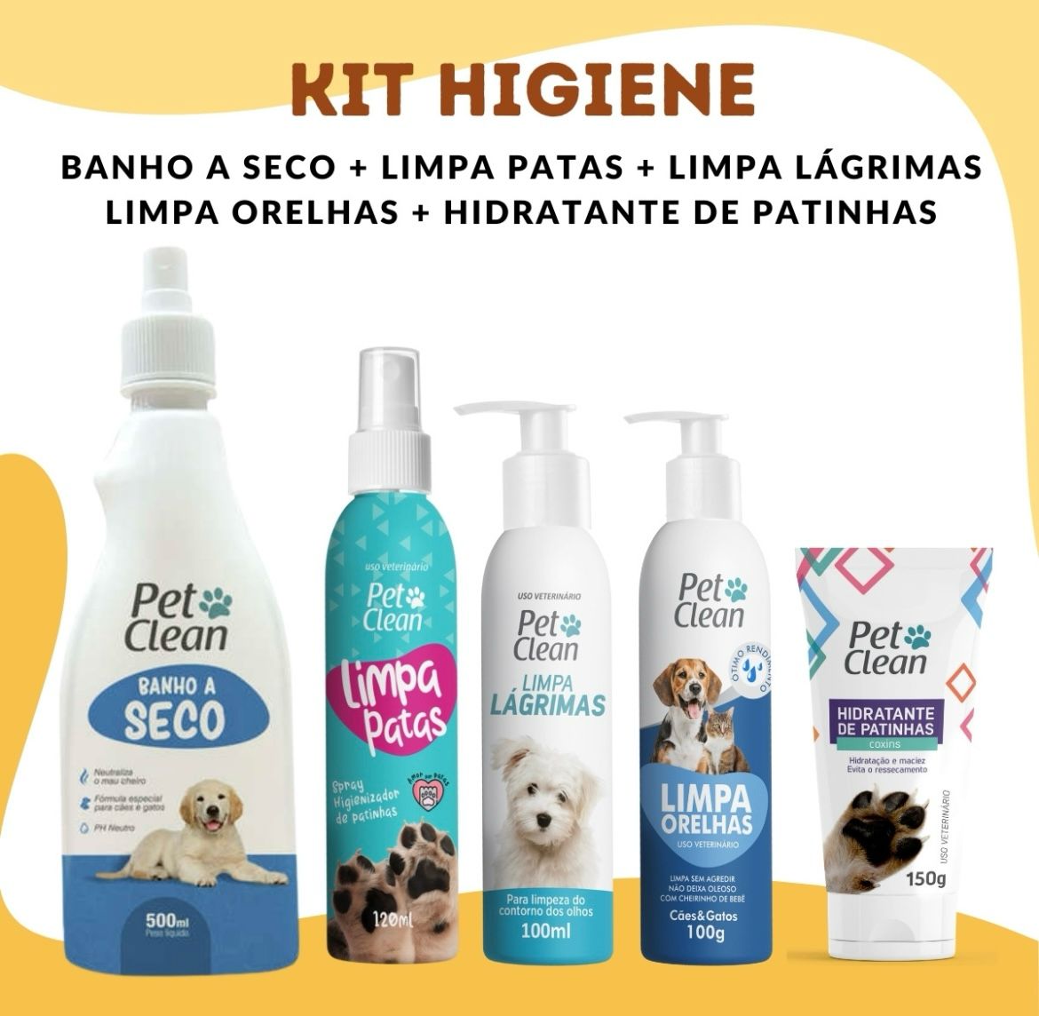 Kit Pet Clean shampoo banho á seco, limpa patas, orelhas e lagrimas e hidratante - O Chico Tem
